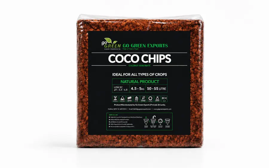 Go Green Exports branded Coco Chips block showing the low-EC, pH 5.4-6.8, 4.5-5 kg specification panel
