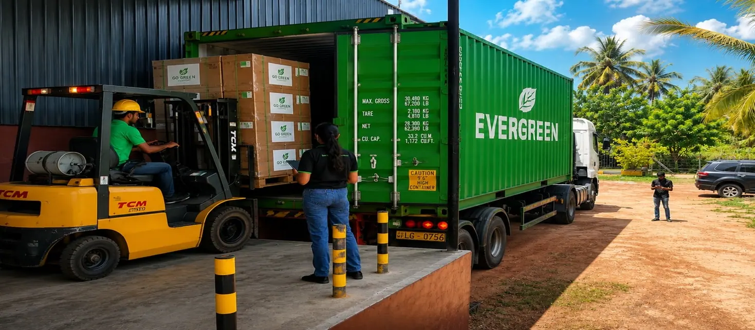 Forklift loading pallets of Go Green Cocopeat cartons into a shipping container while a staff member checks the loading list
